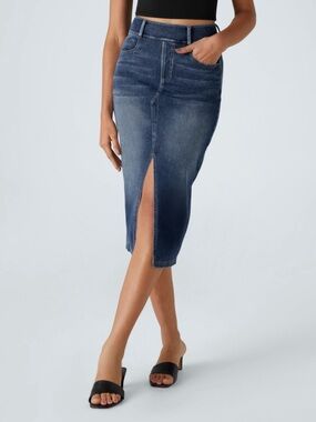 HALARA Dark Blue Denim Midi Skirt with Front Slit